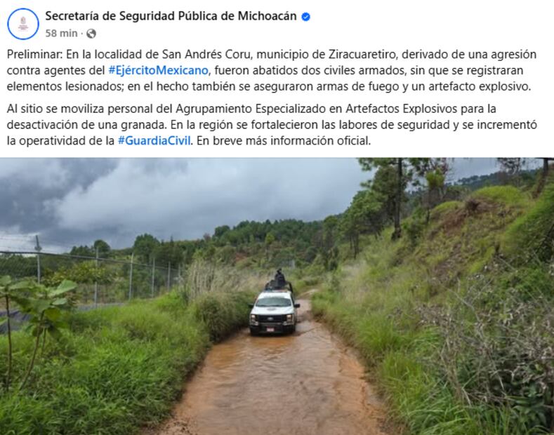 Abaten a dos integrantes de grupo armado que atacó a elementos del Ejército en Michoacán (17/09/2025). Foto: Captura de pantalla