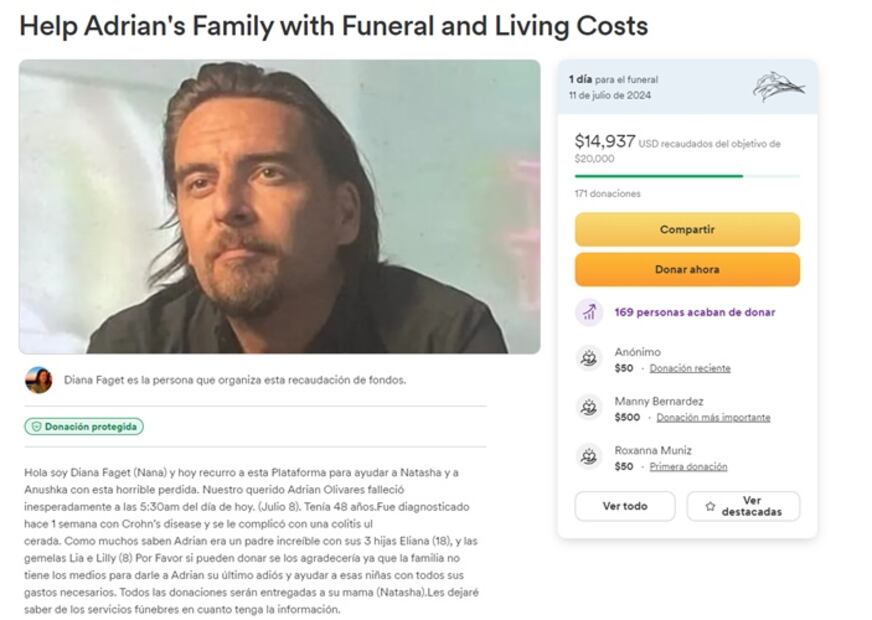 Este es el texto que aparece en la página de GoFundMe. Foto. Captura de pantalla.