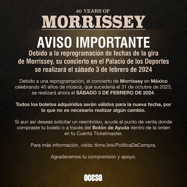 Morrissey pospone fecha para su concierto en México. Foto: Ocesa
