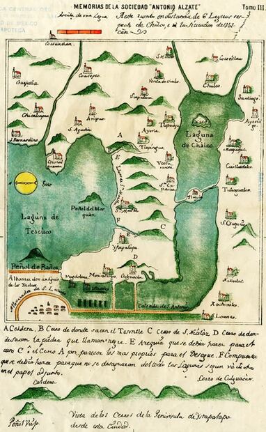 Mapa horizontal del Lago de Chalco, de 1767, con algunos de los pueblos que se asentaron a su alrededor. El lago no tenía buena visibilidad ni era fácil de navegar, por toda la vegetación que había en su superficie; pero eso no impidió que Chalco fuera el depósito principal para el comercio con Guerrero y Michoacán. Foto: Mediateca INAH.