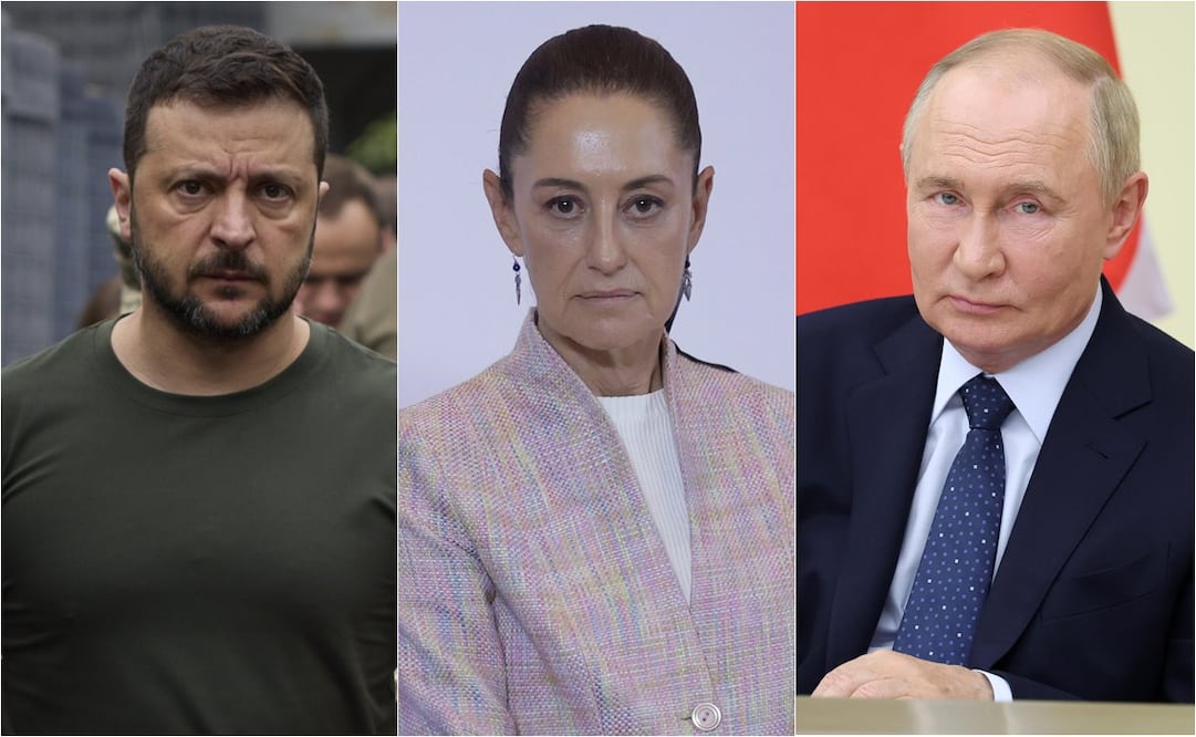 Volodymyr Zelenski, Claudia Sheinbaum y Vladimir Putin. Foto: EFE / Fernanda Rojas - EL UNIVERSAL / AFP