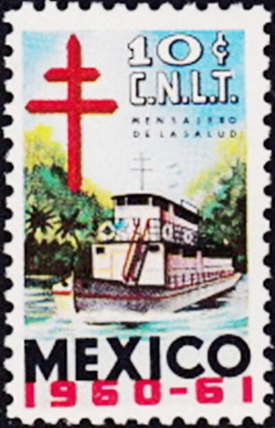 Sello 1960 con la embarcación Mensajero de la Salud. Se emitieron 30 millones de timbres y vendió 18 millones, 4 más que la edición de Cri-Cri. Foto: ESPECIAL/Tomado de John Denune's ChristmasSeals.net.