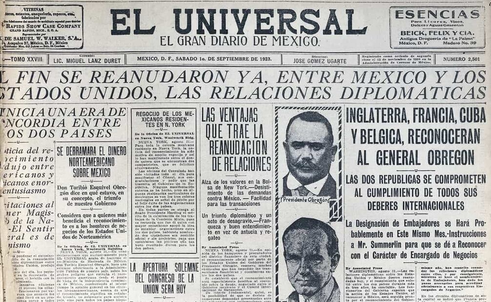 Primera plana del primero de septiembre del 23, con el anuncio oficial de la restauración de las relaciones diplomáticas entre Estados Unidos y México. Otras naciones también restablecieron su trato con nuestro país y reconocieron al gobierno de Obregón. Foto: Hemeroteca EL UNIVERSAL.