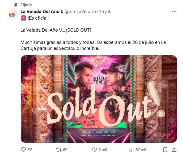 Se ha logrado SOLD OUT del evento, que se llevará a cabo en Sevilla el próximo 26 de julio. Foto: X @infoLaVelada