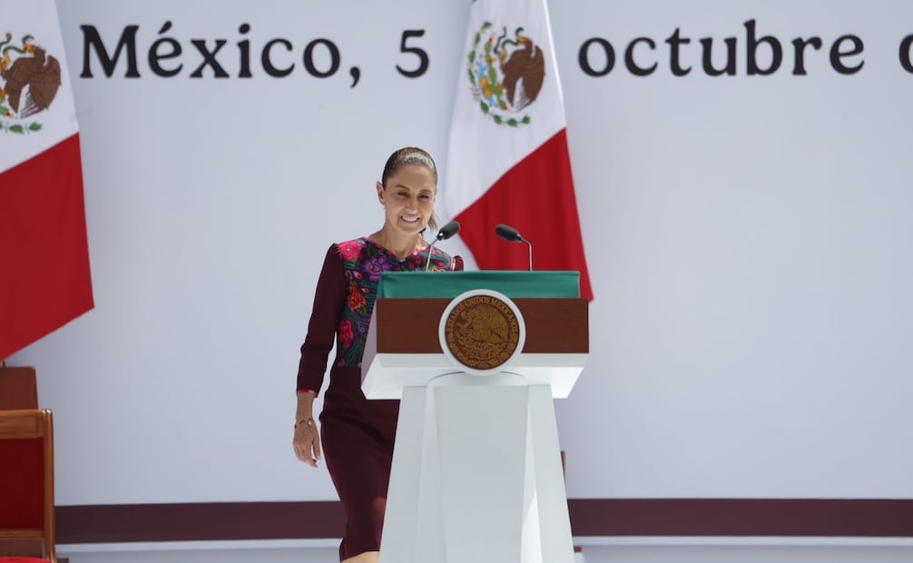 Claudia Sheinbaum, presidenta de México, en su mensaje desde el Zócalo capitalino a un año de su gobierno, el 5 de octubre de 2025. Foto: Diego Simón Sánchez/ EL UNIVERSAL