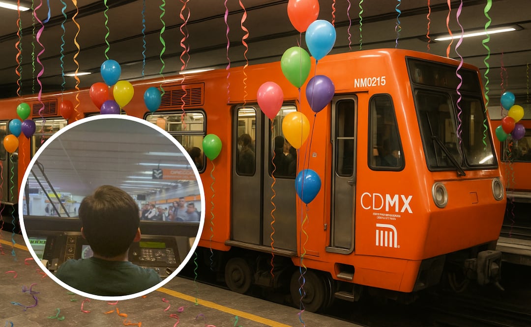 El menor celebró su cumpleaños viajando en la cabina de un tren del Metro CDMX, una experiencia especial organizada por el Sistema de Transporte Colectivo. Foto: Creada con IA y redes