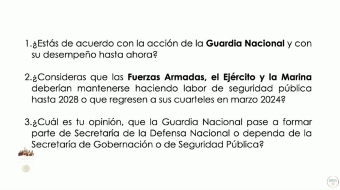 Las preguntas que AMLO quiere que respondan los ciudadanos sobre la Guardia Nacional y Fuerzas Armadas 