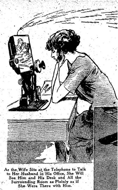 Esta ilustración del "videófono" de Gernsback representaba un teléfono de los años 20 con una pantalla, en un atisbo de lo que serían las videollamadas actuales. ESPECIAL/Paleofuture.