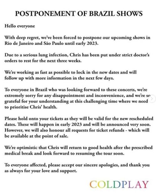 El problema de salud de Chris Martin por el que Coldplay canceló conciertos
