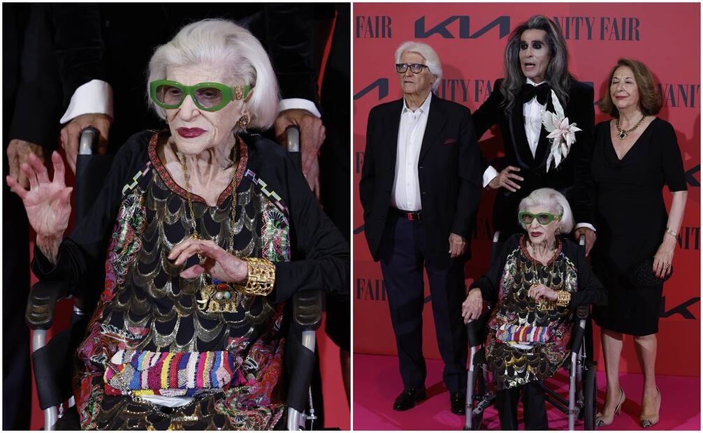 La madre de Alaska, América Jova Godoy (c), y su marido Mario Vaquerizo (c. arriba), junto a sus padres Ángel Vaquerizo y Ángeles Caro, a su llegada a la fiesta aniversario de los 60 años de la cantante. Foto: EFE.