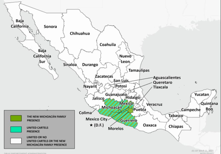 La Nueva Familia Michoacana y Cárteles Unidos, con presencia en Guerrero, Morelos, Michoacán, Estado de México y CDMX. Foto: DEA