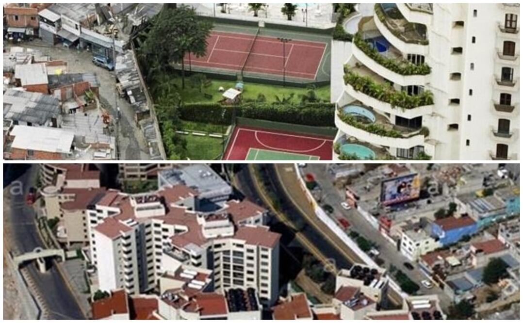 Contrast between wealthy and poor quarters in Mexico City (bottom) and Brazil (top)- Alamy stock photo & File photo/EL UNIVERSAL