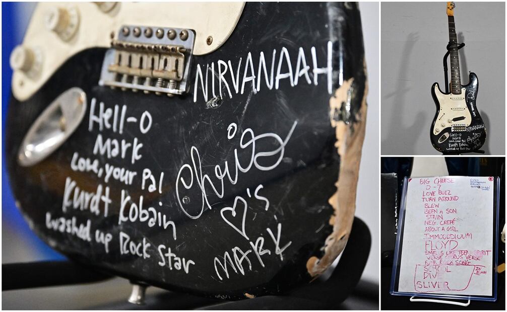 Guitarra eléctrica destrozada por Kurt Cobain, el fallecido líder de la banda grunge Nirvana, se vendió este fin de semana Fotos: AFP.