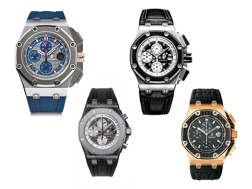 Modelos Royal Oak Offshore ligados a pilotos. De izquierda a derecha, MIchael Schumacher, Barrichelo, Jarno Trulli y Juan Pablo Montoya