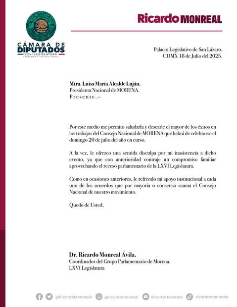 Comunicado de Ricardo Monreal, coordinador de Morena en la Cámara de Diputados, por su inasistencia al Consejo Nacional del partido. Foto: Tomada de la cuenta de X de @RicardoMonrealA.