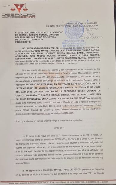 Defensa de víctimas pide congelar cuentas bancarias de exfuncionarios imputados por colapso de Línea 12
