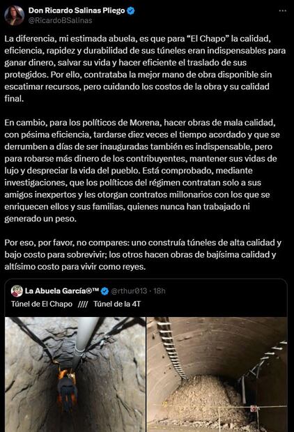 Salinas Pliego compara obra colapsada en carretera Mitla-Tehuantepec con túnel de "El Chapo". Foto: Captura de pantalla