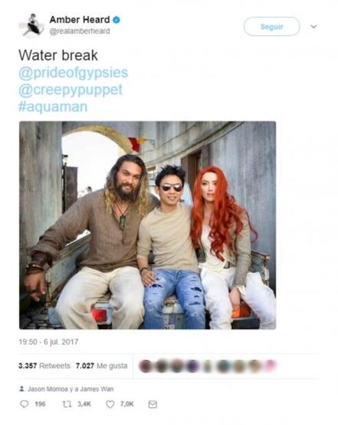 Amber Heard publica imagen con Jason Momoa y James Wan