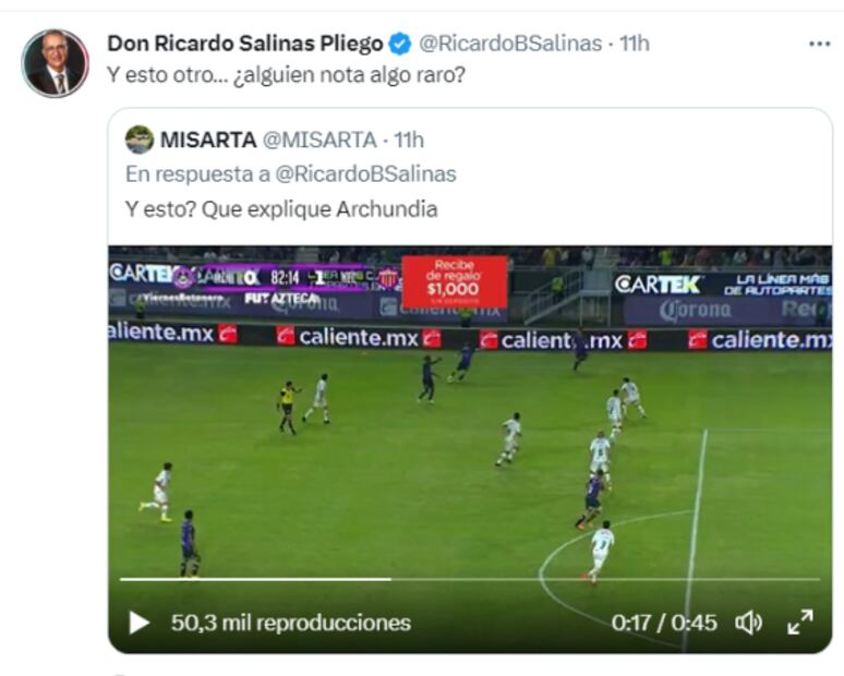 Ricardo Salinas Pliego arremete contra el arbitraje de la Liga MX tras la derrota de Mazatlán
