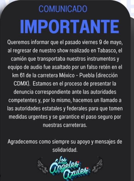 La banda publicó un comunicado para denunciar el robo que sufrió. Foto: Captura de pantalla.