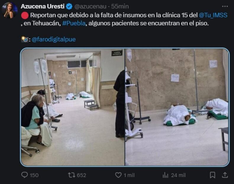 En redes sociales se difundieron fotografías donde se observa a pacientes que presuntamente reciben atención acostados en el piso en el servicio de Urgencias del Hospital General de Zona (HGZ) No. 15, en Tehuacán. Foto: X
