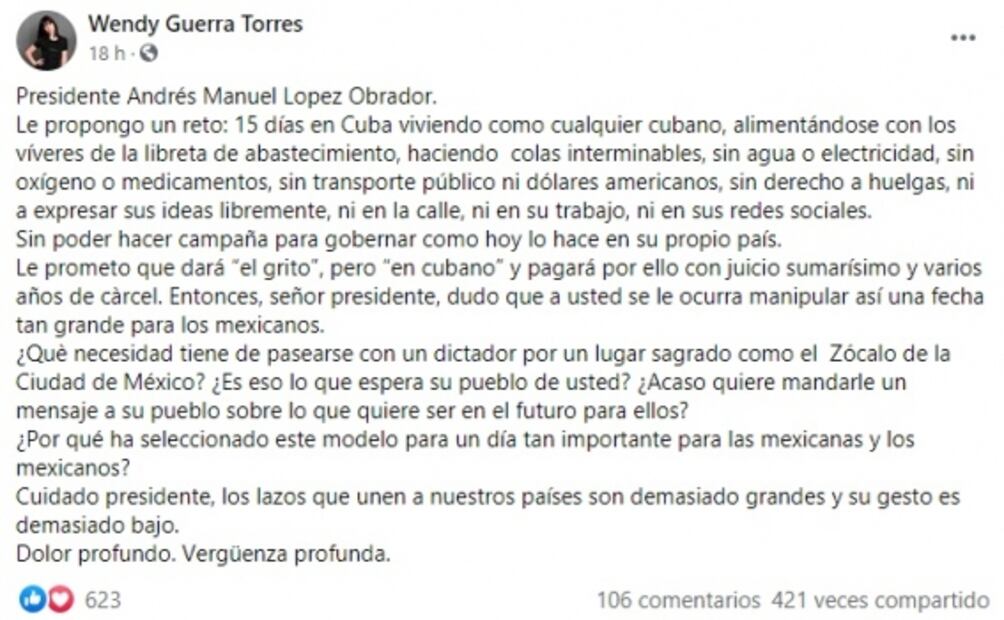 Escritora reta a AMLO a vivir 15 días en Cuba