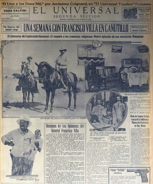 En la parte superior, Regino y Villa a caballo, observando los trigales cercanos a Canutillo. Hemeroteca EL UNIVERSAL.