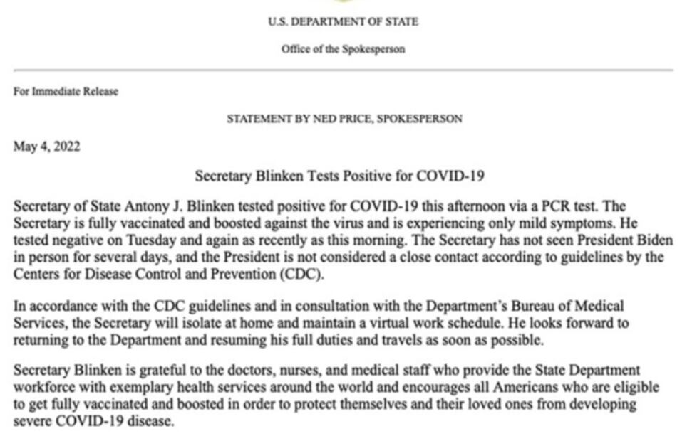 Antony Blinken, secretario de Estado de EU, da positivo a Covid; Ebrard se practica prueba PCR