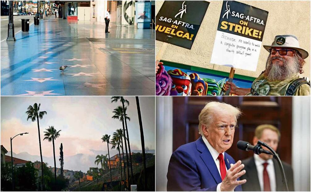 En 2020, cierre total de los cines y paralización de rodajes.
Huelgas históricas detuvieron la producción del cine, en 2023.
Los incendios forestales han cancelado o retrasado estrenos.
Con Trump en la presidencia de EU, se añade incertidumbre. Fotos: AFP, AP y EFE