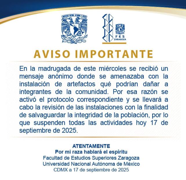 Comunicado FES Zaragoza por amenaza. Foto: Especial