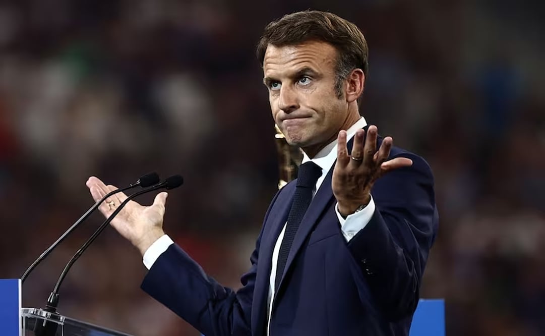El presidente de Francia, Emmanuel Macron, pronuncia un discurso durante la ceremonia de apertura de la Copa del Mundo de Rugby Francia 2023. Foto: AFP