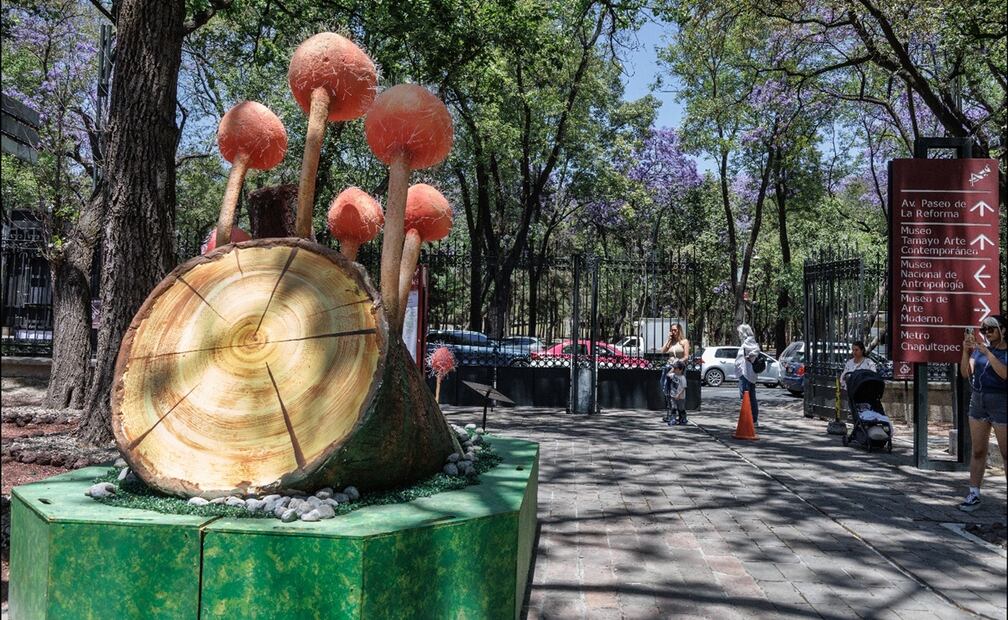 Visitantes observan uno de los seis hongos monumentales forman parte del festival Spora, que este año se realizará del 17 al 20 de abril en Chapultepec, el viernes 11 de abril de 2025. Foto: Yaretzy M. Osnaya/EL UNIVERSAL