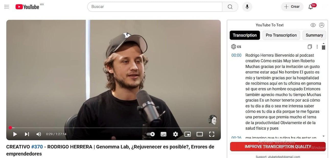Transcribir videos de YouTube. Imagen: captura de pantalla
