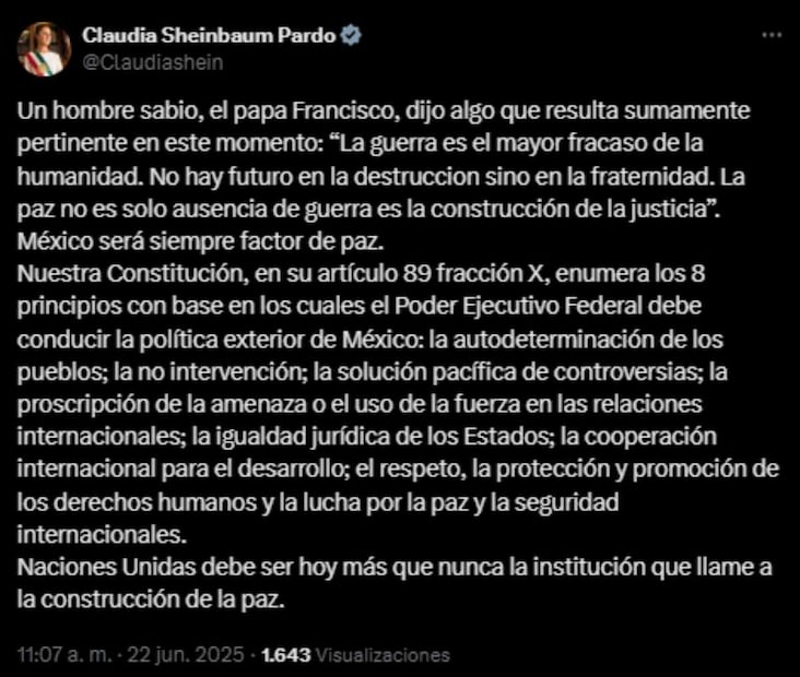 La presidenta Claudia Sheinbaum llama a la paz por guerra. Foto: Captura de pantalla de la cuenta de X de @Claudiashein.