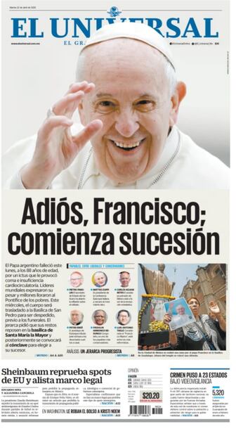 "Adiós, Francisco"; así es la portada de EL UNIVERSAL este martes 22 de abril. Foto: Especial