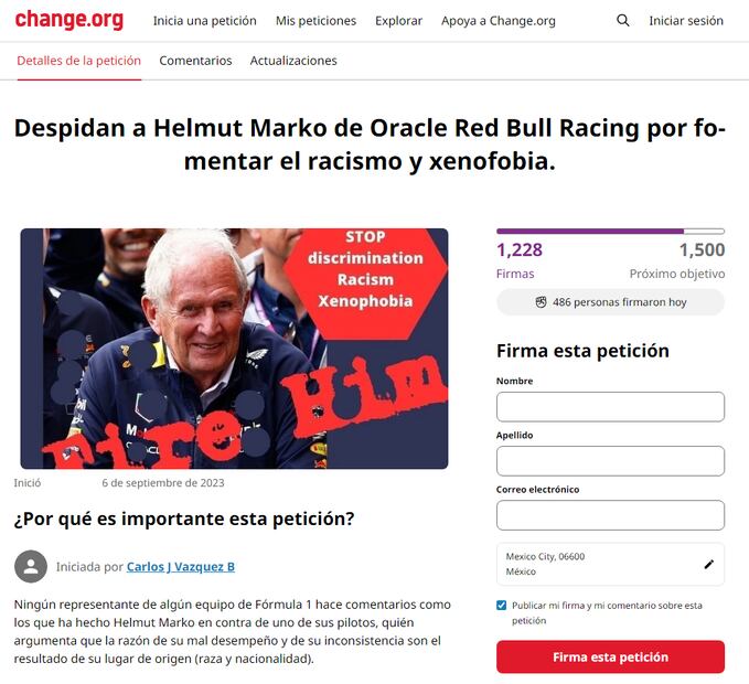 Piden que Helmut Marko sea despedido por comentarios contra Checo Pérez
