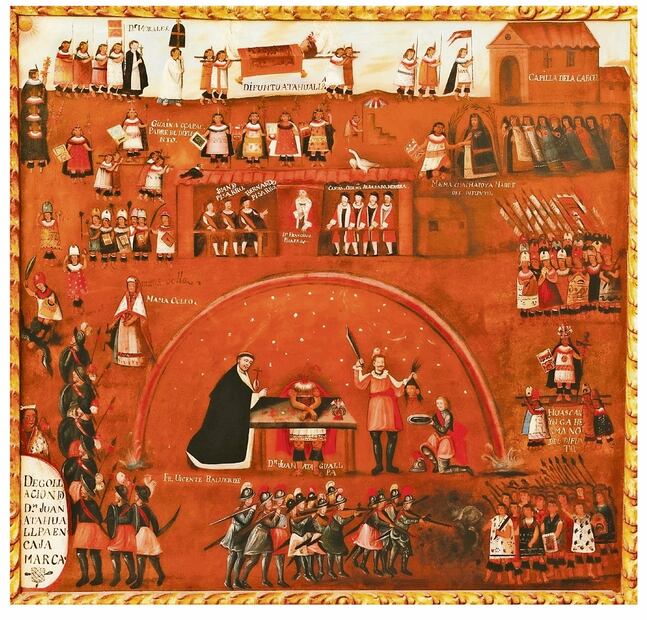 Representación de la muerte de Atahualpa, un cuadro colonial en el Museo del Inka en el Cusco, de autor desconocido. Fotografía de Yutaka Yoshii. Imagen del libro “Moctezuma y Atahualpa: vida, pasión y muerte de dos gobernantes”