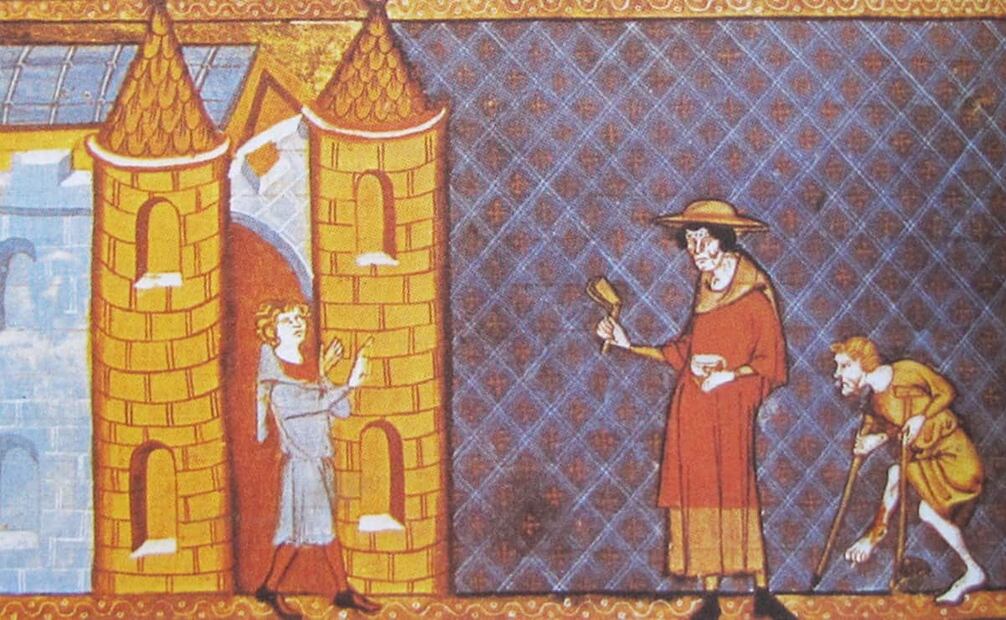 Pintura sobre dos leprosos rechazados a la entrada de una ciudad; el primero usa una campana y ropas especiales para evidenciar su mal, mientras el otro ya tiene graves lesiones. La lepra se identificó desde el 1500 a.C. y sus portadores debían avisar de su llegada con ruidos o su vestimenta para prevenir a conciudadanos. Foto: Vinzenz von Beauvais/Wikimedia Commons.