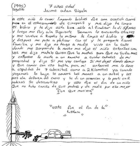 Dibujo y escrito del asesino serial Gilberto Ortega Ortega. Foto: Tomada de “La mascara del asesino”, Jesus Vaca Cortes y Paulino Dzib Aguilar