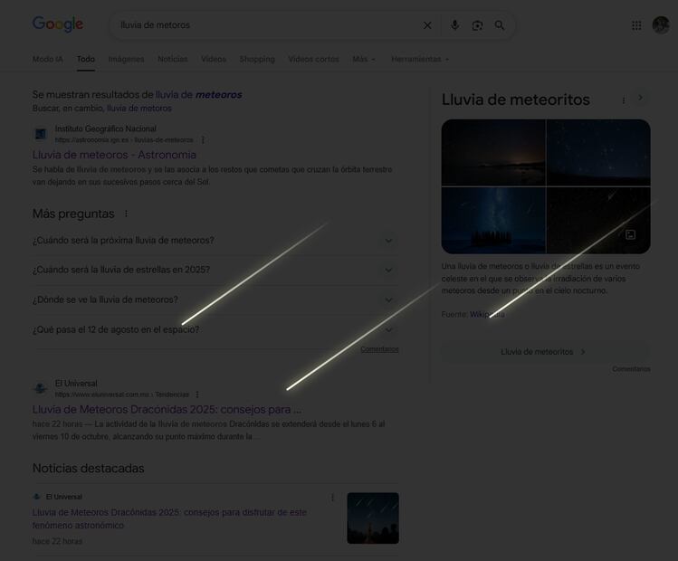 ¿Qué pasa si busco lluvia de meteoros en Google?