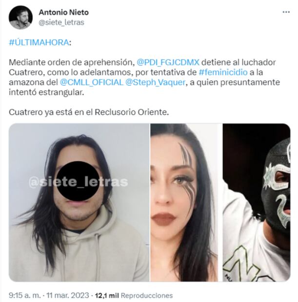 El luchador Cuatrero fue trasladado al reclusorio por tentativa de feminicidio a Stephanie Vaquer