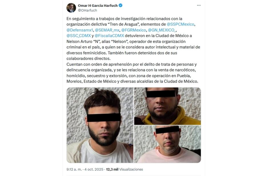 El Secretario de Seguridad, Omar García Harfuch informó de la detención de Nelson Arturo “N”, alias “Nelson”, operador del Tren de Aragua. Foto: Especial