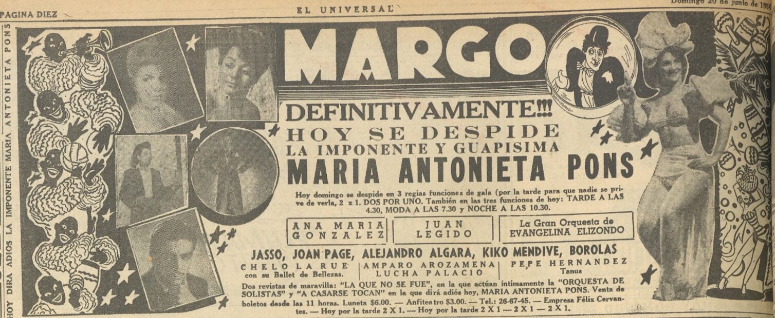 Así se anunciaba a la bailarina y rumbera María Antoniera Pons en EL UNIVERSAL, en 1954.