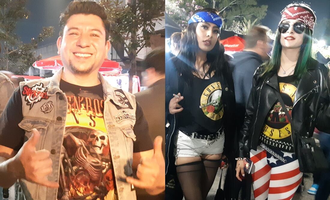 Fanáticos de Guns N’ Roses se preparan para el concierto con chaquetas de cuero y playeras de la banda, mostrando su espíritu rockero. Foto: David Rosas/EL UNIVERSAL.