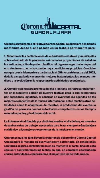 Ven pocas posibilidades de que este año se realice el Corona Capital Guadalajara