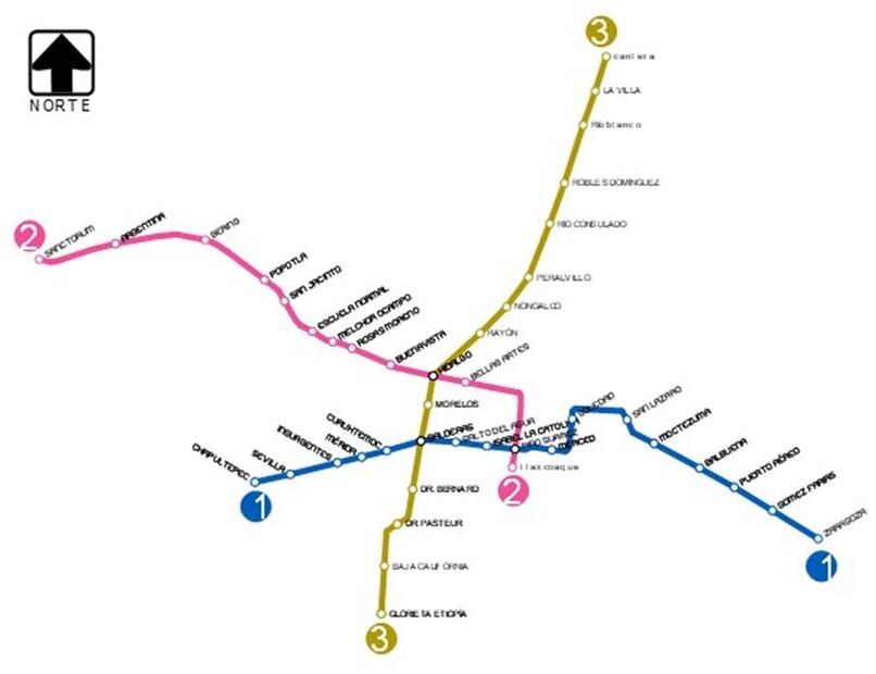 Primera Propuesta apoyada en la Solución Anillo para la construcción de las líneas 1, 2 y 3 presentada en 1967. Observe que los colores iniciales para las líneas 1 y 2 se encuentran invertidos. ESPECIAL.