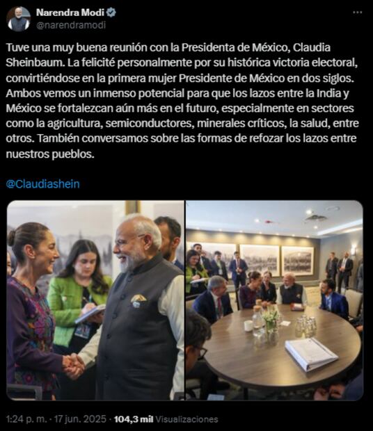 El primer ministro de la India, Narendra Modi, escribió en redes sociales que felicitó a Claudia Sheinbaum por su histórica victoria electoral. Foto: Captura de pantalla de la cuenta de X de @narendramodi.