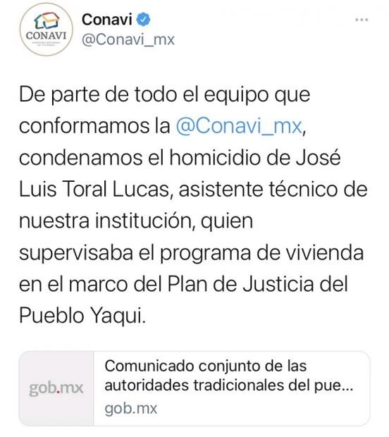 Condenan Gobierno de México y autoridades yaquis la ejecución de funcionario de Conavi en Sonora