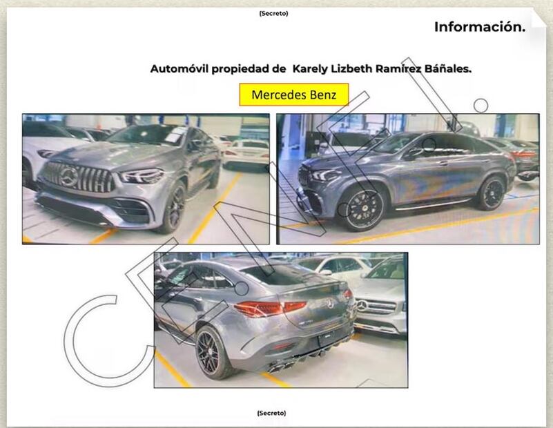 En un documento de inteligencia de la Sedena se muestra un vehículo de lujo valuado en más de 3.5 millones de pesos, propiedad de Karely, presunta pareja de Audias Flores, alias El Jardinero. Crédito: Correos electrónicos de Sedena filtrados por el Grupo Guacamaya.