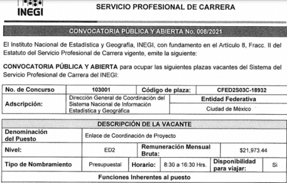 Inegi lanza convocatoria para vacantes con sueldos desde 18 mil hasta los 61 mil pesos
